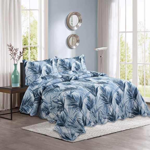Marina Decoration Rich Printed Embossed Pinsonic Coverlet Bedspread Ultra Soft Bedding Summer Quilt Set with Shams, Modern Blue Leaves Pattern