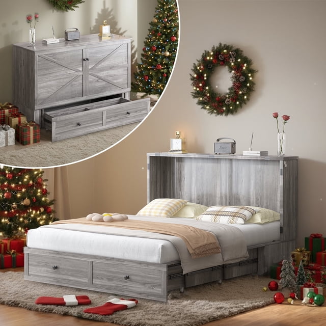 MJKONE Lit Escamotable, Lit Armoire Format Grand avec Tiroirs de Rangement et Station de Recharge USB, Lit Coffre Pliant avec Matelas pour Salon/chambre, Gris