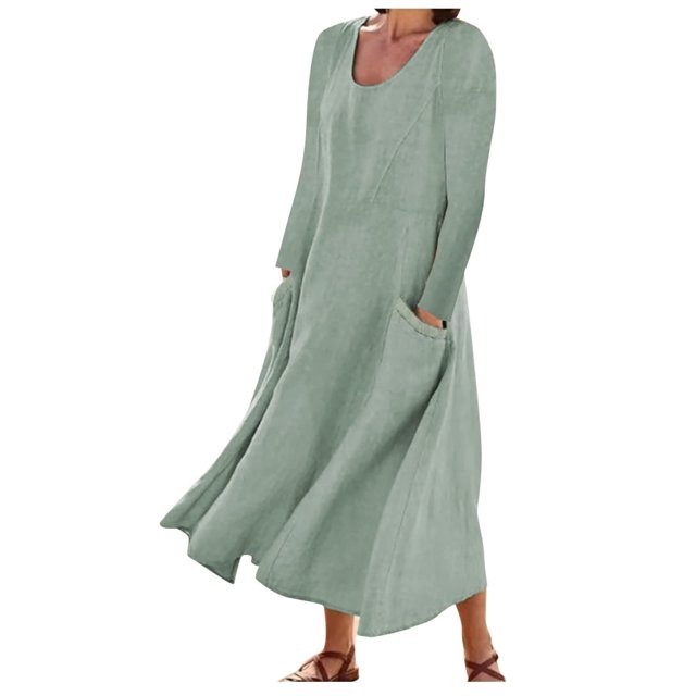 XZNGL Long Sleeve Dress Women Womens Fashion Long Sleeve Solid Color Cotton Linen Round Neck Pocket Dress Womens Long Sleeve Dress Long Sleeve Dress for Women Long Sleeve Long Dress for Women