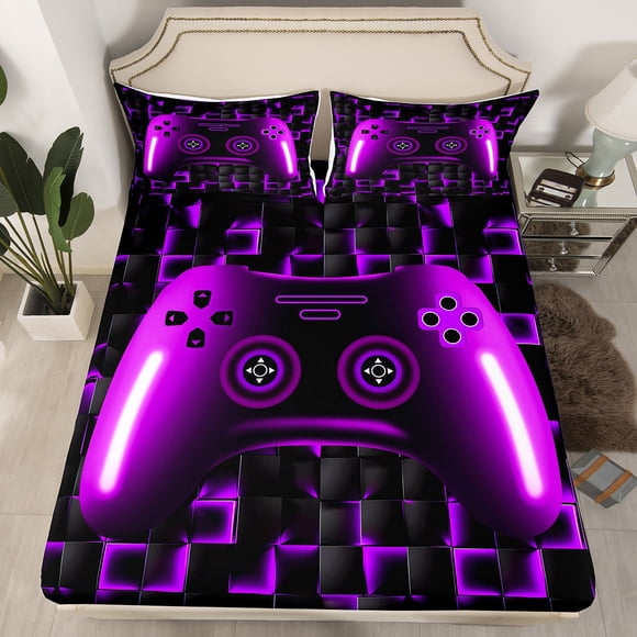 Gaming Queen Size Fitted Sheet For Kids Teen Girls Game Controller Bedding Set 3Pcs Gamer Bed Sheets For All Season,Purple Black Geometric Check Sheets For Young,Soft Breathable(No Top Sheet)