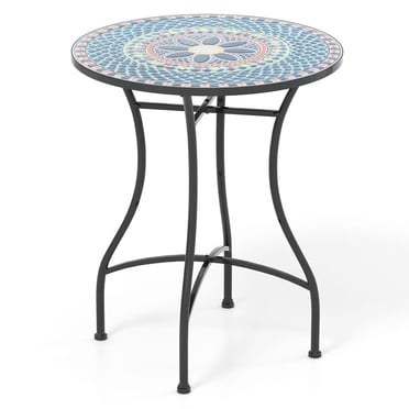 Gymax 24 Inch Bistro Table Mosaic Round Table w/ Ceramic Tile Tabletop Heavy-Duty Metal Structure