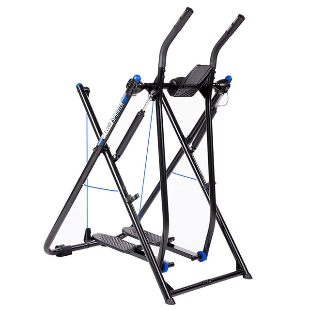 Gazelle Sprinter Low-Impact Glider Elliptical Hybrid Home Exercise Machine with a black steel frame, blue accents, dual-pivot system, hydraulic resistance, and non-slip foot platforms. Features padded handlebars, a built-in fitness computer, and a device holder. Ideal for total body workouts in home gyms, folds flat for storage.