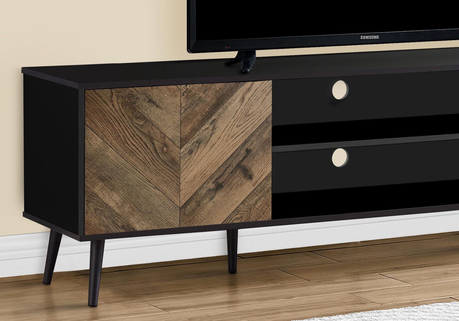 Monarch Specialties  Meuble Tv, 72 Pouces, Console, Centre De Divertissement Média, Unite De Rangement, Salon, Chambre À Coucher, Brun Et Noir Laminé, Jambes En Bois Noir, Contemporain, Moderne
