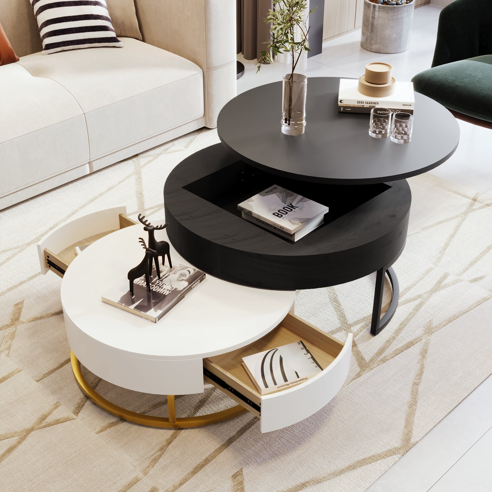 Kosynda Round Nesting Coffee Tables Set of 2 with Storage, Lift-top Circular Center Table with 2 Drawers and Metal Frame for Living Room, Home, Apartment, Office, White & Black