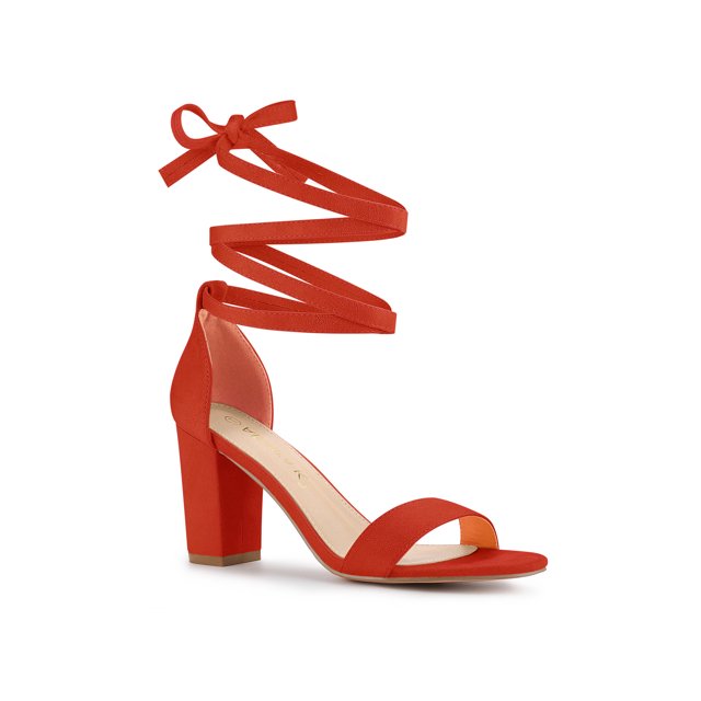 BLISSFUL STEP Women's Lace Up and Ankle Strap Block Heel Sandals Orange Red 6