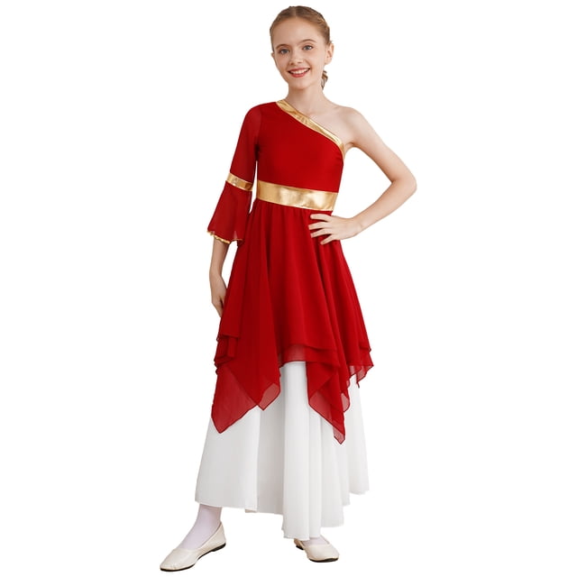 Aislor Robe de Danse Liturgique de Louange Lyrique pour Filles Enfants, Robe de Danse à Blocs de Couleur, Robe de Culte à Ourlet Asymétrique, Rouge 16
