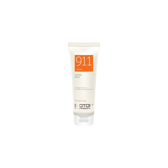 Biotop - 911 Special Edition Hair Mask Quinoa in a 250 ml tube. The packaging features a sleek white design with an orange label displaying '911 Quinoa' and text indicating suitability for damaged or lifeless hair. Ideal for all hair types, this mask is enriched with quinoa extract, macadamia oil, argan oil, and vitamin E to restore hydration, elasticity, and shine. Free from parabens, sodium chloride, and SLS/SLES, and not tested on animals.