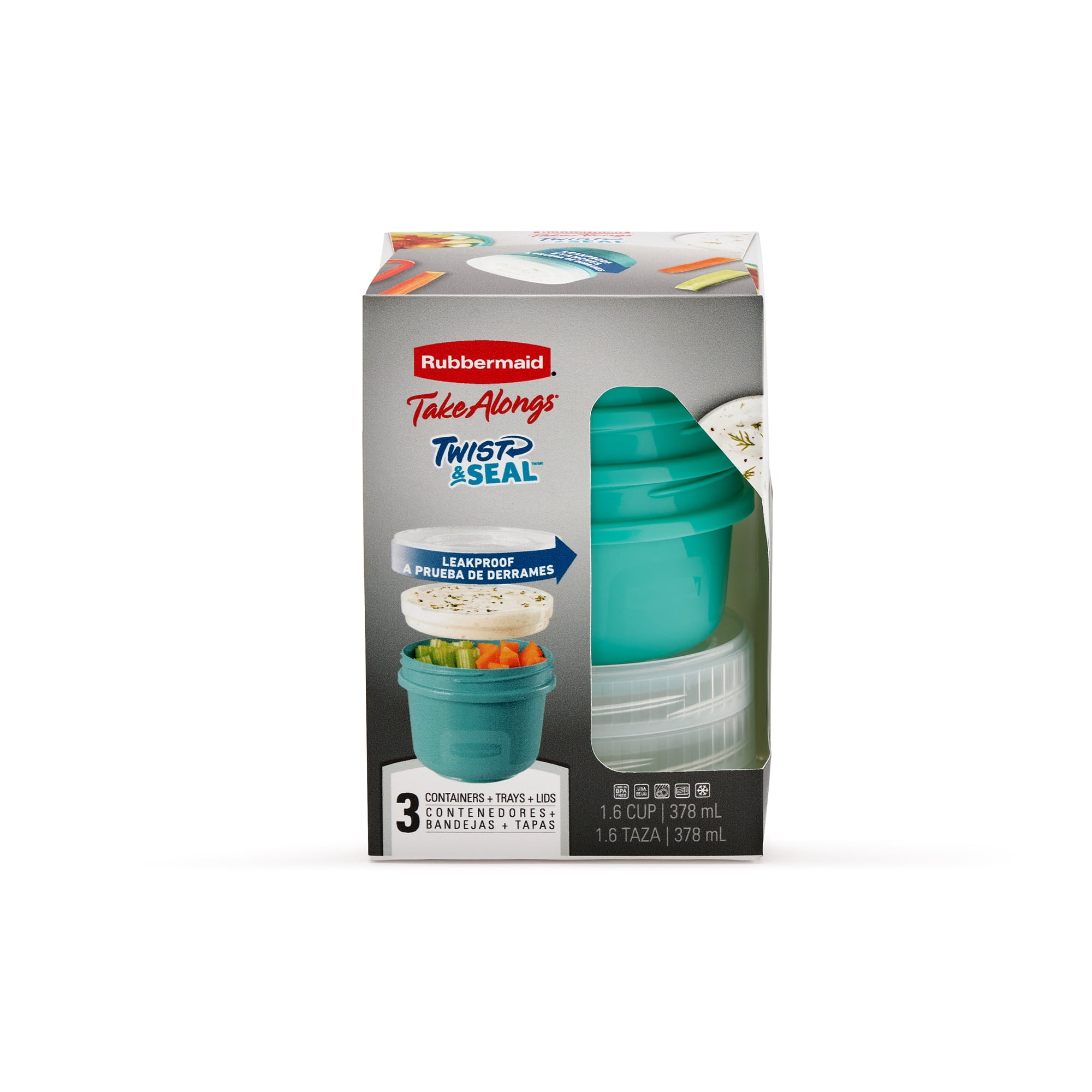 Rubbermaid TakeAlongs Twist & Seal Food Storage Containers, 378 mL (1.6 Cup), Teal Splash, 3 Pack