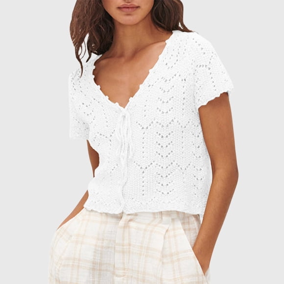 Women's Cardigan Crochet Summer V Neck Open Front Lace Knit Short Sleeve Casual Boho Sweater for Daily Wear