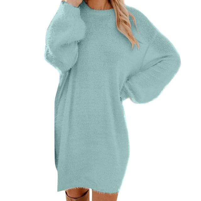 Dvkptbk Robes pour Femmes Mode Manches Longues Mi-Mollet Midi Longues Robes Décontractées Col Rond Amples Robes en Peluche