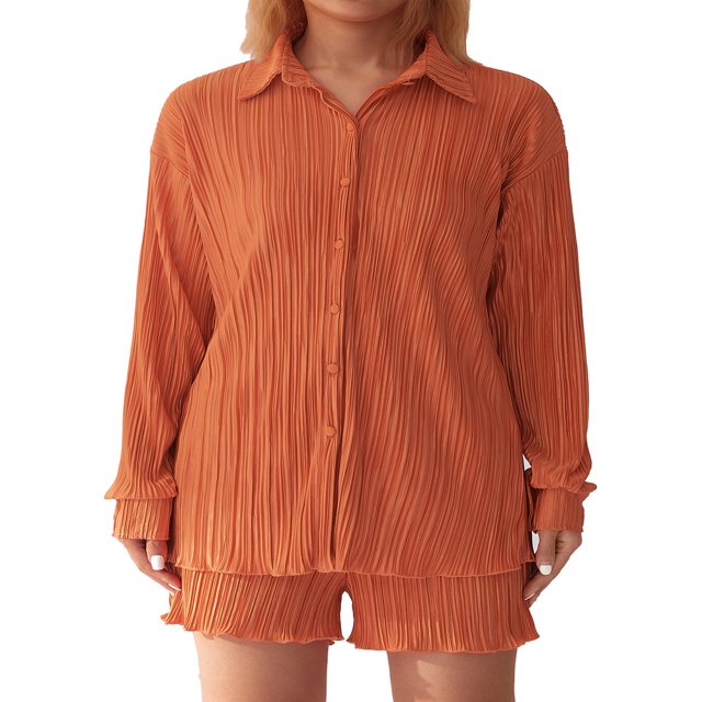 Women Casual 2 Pcs Clothes Set Solid Color Ruched Long Sleeve Button Down Shirts with Shorts Suit