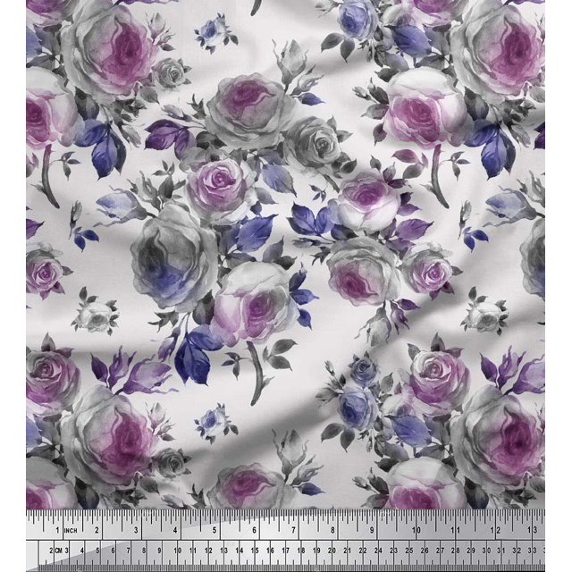 Soimoi Polyester Crepe Fabric Leaves & Rose Flower Print Fabric by Yard 52 Inch Wide