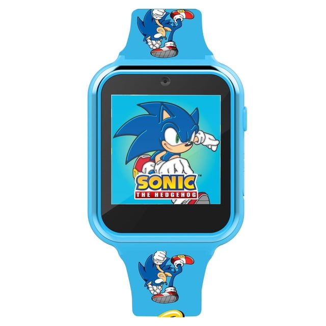Sonic The Hedgehog Montre Interactive à Écran Tactile avec Caméra en Plastique Bleu avec Graphiques de Personnages Sonic sur le Bracelet et Écran Tactile Numérique Carré Montrant l'Oeuvre et le logo Sonic, Dotée d'Une Caméra Frontale, de Jeux, d'Une Calculatrice, d'Un Enregistreur Vocal, d'Un Podomètre et d'Une Alarme, Idéale pour les Enfants de 6 Ans et Plus.