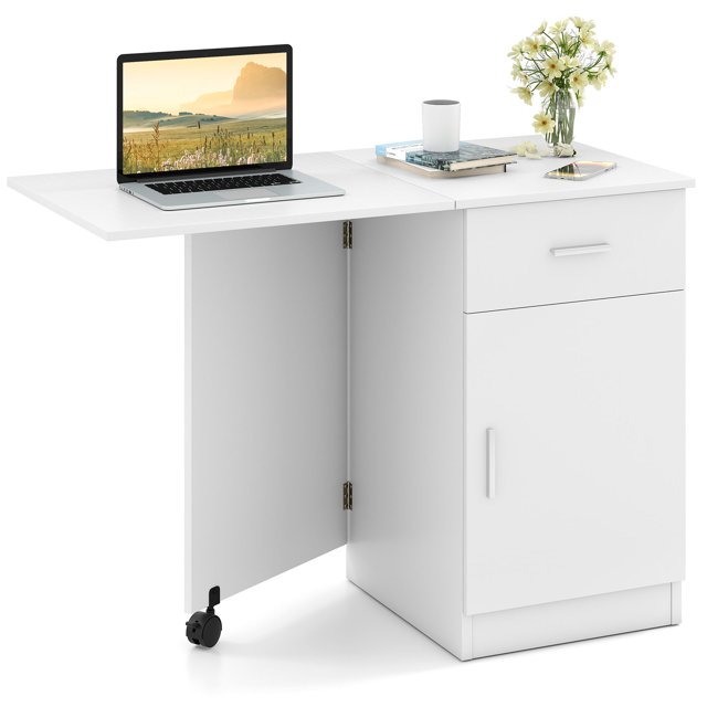 Costway Folding Computer Desk with Drawer Cabinet & Adjustable Shelf Wheel for Living Room, White