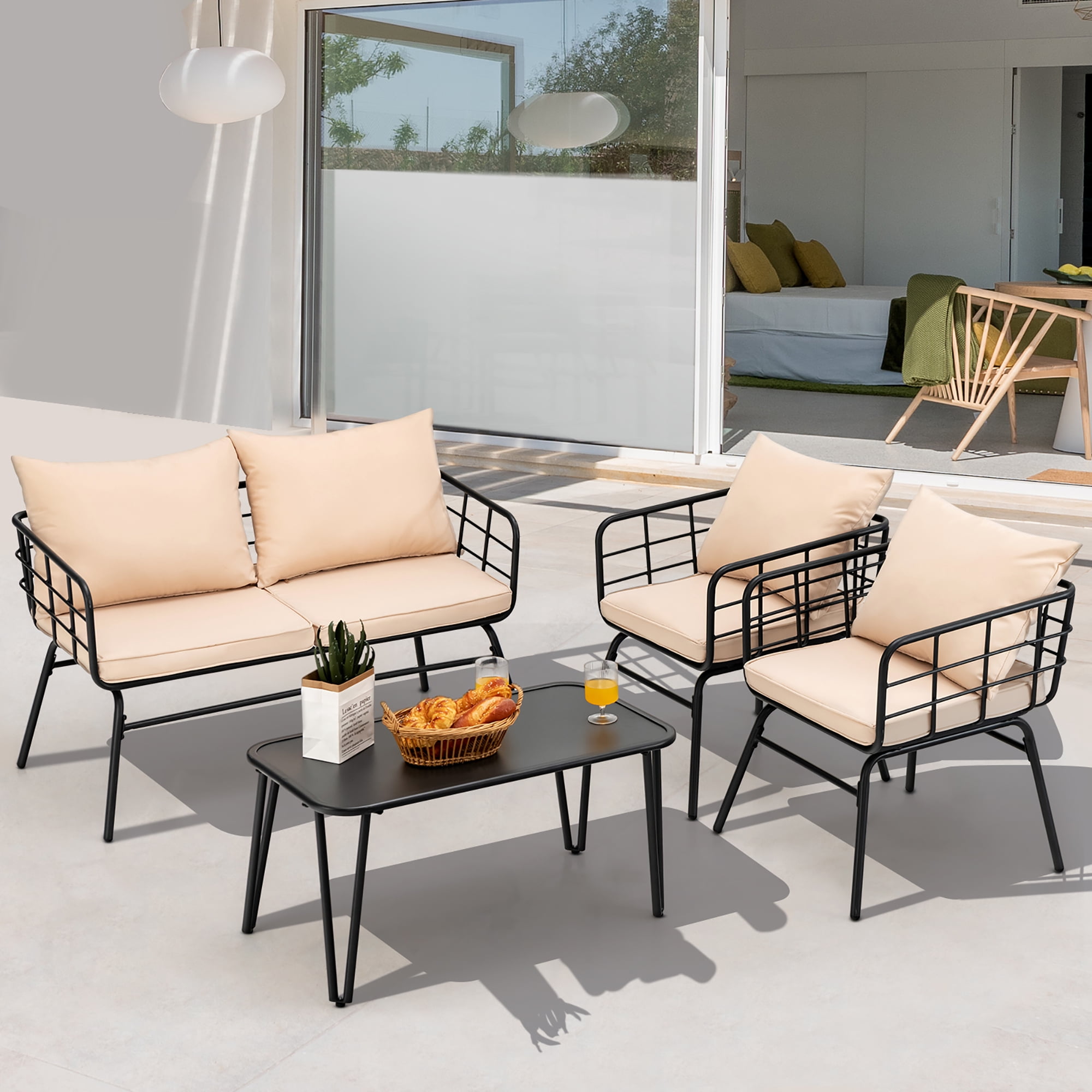 Costway Ensemble de Mobilier de Patio 4 Pcs Canapé Coussiné Causeuse Accoudoirs Table Jardin
