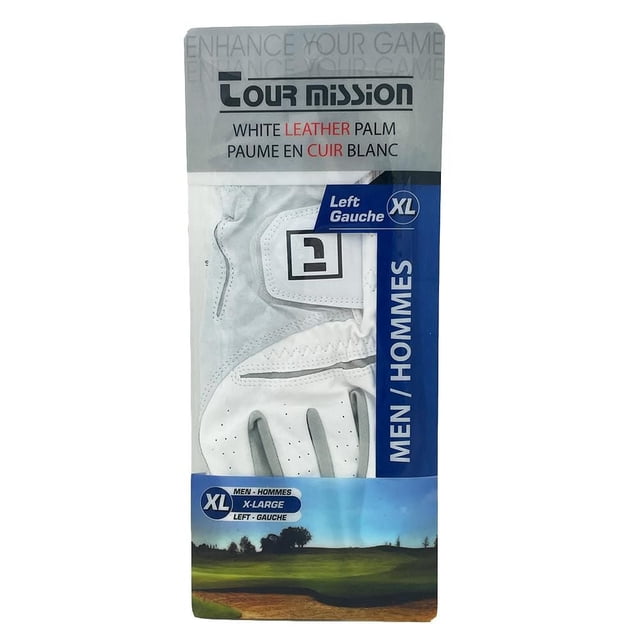 Tour Mission Men's Left Hand Golf Glove, X-Large in white with premium leather palm, perforated fingers, and adjustable wrist strap visible through clear packaging, shown with golf course background and bilingual labeling for comfort and durability.