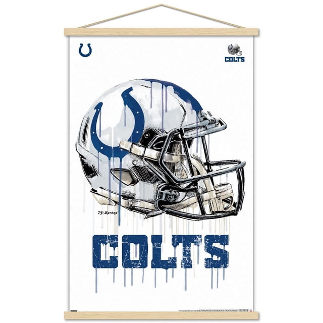 NFL Indianapolis Colts - Affiche Murale « Drip Helmet 20 », 22,375 Po x 34 Po Présentant un Casque de football Blanc Orienté vers l'Avant avec un logo de Fer à Cheval Bleu et un Masque Facial Noir, Effets de Goutte de Peinture Bleue, et Texte « Colts » Usé Ci-Dessous, Imprimé sur Papier d'Affiche Lustré avec Montages de Cadre en Bois pour une Suspension Facile.