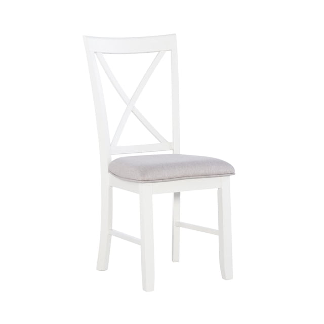Lander Side Chair, Grey with a solid rubberwood frame painted smoky white, featuring an elegant X-back design and a light grey stain-resistant padded seat upholstered in Nice N Clean® performance fabric, shown in a front 3/4 view on a white background, ideal for kitchen and dining seating.