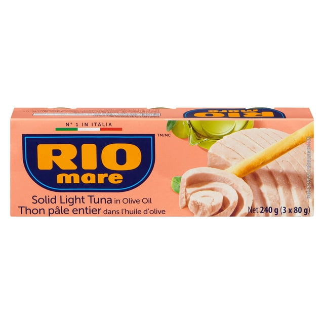 Rio Mare Solid Light Tuna in Olive Oil package containing three 80g cans (240g total) in a peach-colored box with the blue and yellow Rio Mare logo, featuring light pink tuna slices with a breadstick, suitable for Italian food and Mediterranean diet recipes.