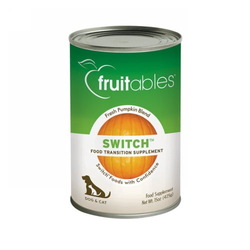 PUMPKIN Pi Purée par Fruitables Est un Supplément de transition Alimentaire en Conserve de 15 oz (425 g) pour Chiens et Chats, Présentant un Mélange de Citrouille Frais sur une Étiquette Verte et Blanche avec une image de Citrouille et une silhouette d'Animal de Compagnie, Idéal pour Soutenir la Santé digestive Lors des Changements de Régime.
