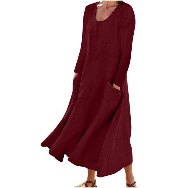 XZNGL Long Sleeve Dress Women Womens Fashion Long Sleeve Solid Color Cotton Linen Round Neck Pocket Dress Womens Long Sleeve Dress Long Sleeve Dress for Women Long Sleeve Long Dress for Women
