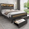 thumbnail image 4 of SIBEDS Bed Frame with Bookcase Storage Headboard and 2 Drawers Linen Gray Upholstered Tufted Wingback Beds, King, 4 of 9
