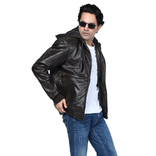 Men's Rugged Leather Jacket with Hood