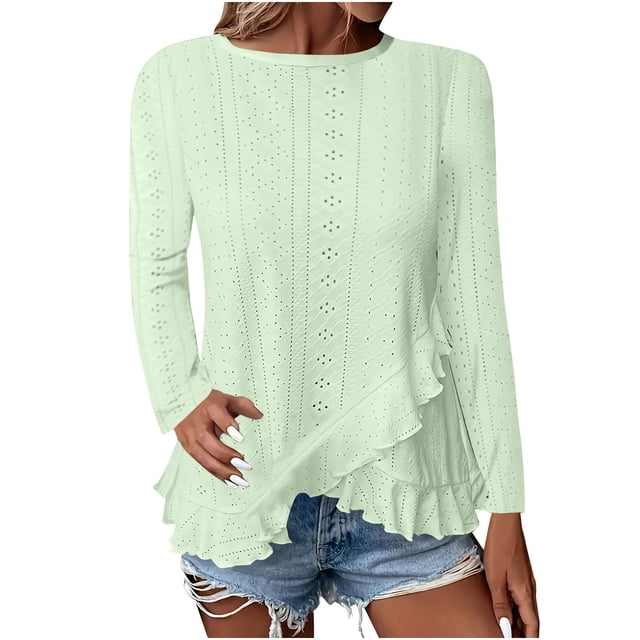 Plebaso Blouses à Manches Longues pour Femmes, Col Rond, Ourlet Irrégulier, Chemises de Printemps