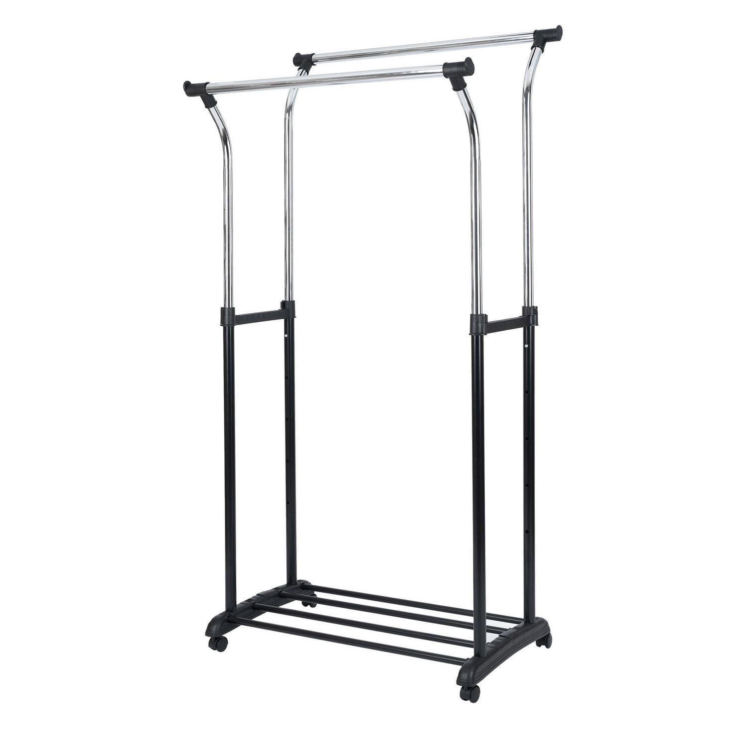 Mainstays Double Rod Garment Rack, Rolling Clothes Organizer, Black/Chrome, Flared Design, Adjustable Height, Storage Long and Short Garments