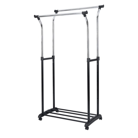 Mainstays Double Rod Garment Rack, Rolling Clothes Organizer, Black/Chrome, Flared Design, Adjustable Height, Storage Long and Short Garments