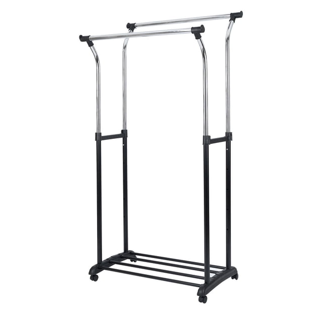 Mainstays Double Rod Garment Rack with rolling wheels, black steel frame, and chrome flared double rods for adjustable height hanging of long and short garments, plus a bottom shelf with four bars for shoes or storage bins, ideal for closet organization and versatile storage.