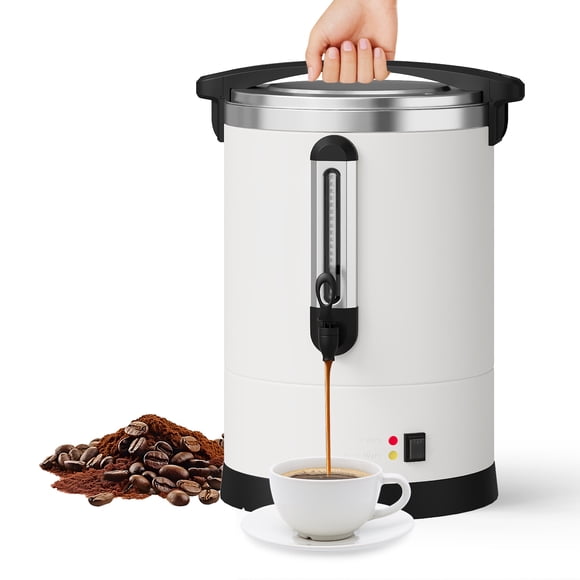 Double Wall Commercial Coffee Urn, 14L/100 Cup Stainless Steel Large Capacity Electric Coffee & Hot Water Dispenser, Fast Brewing Percolator for Catering, Weddings, Buffets, Events
