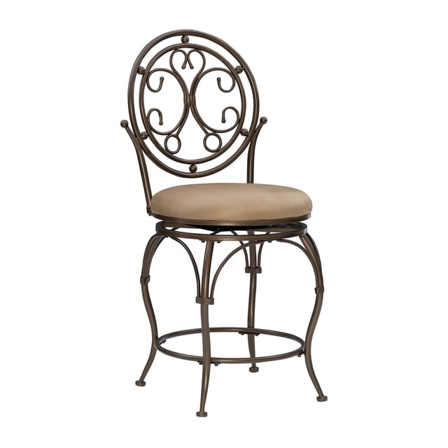 Hale Counter Stool with warm bronze metal frame and decorative scroll back, featuring a plush tan microsuede seat, 360-degree swivel, reinforced metal construction, and round footrest, designed for counters 34 to 36 inches high and supporting up to 400 pounds.