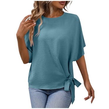 Hauts Élégants pour Femmes Manches Chauve-Souris Nœud Côté Col Rond Blouse Chemise Ample Couleur Unie T-Shirt Tuniques
