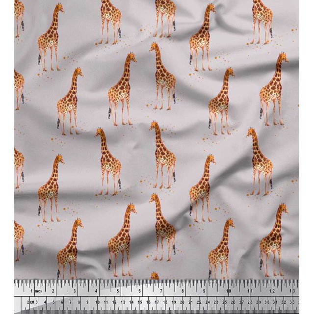 Soimoi Gray Poly Georgette Fabric Dot & Giraffe Animal Decor Fabric Printed BTY 52 Inch Wide