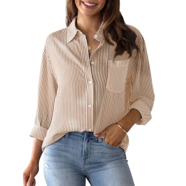 Women's Striped Button Down Blouses Casual Long Sleeve Shirts