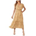 thumbnail image 1 of FcBaudy Robe à Manches Courtes à Col en V, Robes d'Été pour Femmes, Robes pour Femmes Robes pour Femmes à Manches Courtes à Col en V à Volants Robe Midi à Imprimé Floral avec Ceinture Robe pour Femme, 1 of 1