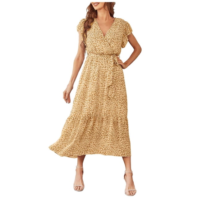FcBaudy Robe à Manches Courtes à Col en V, Robes d'Été pour Femmes, Robes pour Femmes Robes pour Femmes à Manches Courtes à Col en V à Volants Robe Midi à Imprimé Floral avec Ceinture Robe pour Femme