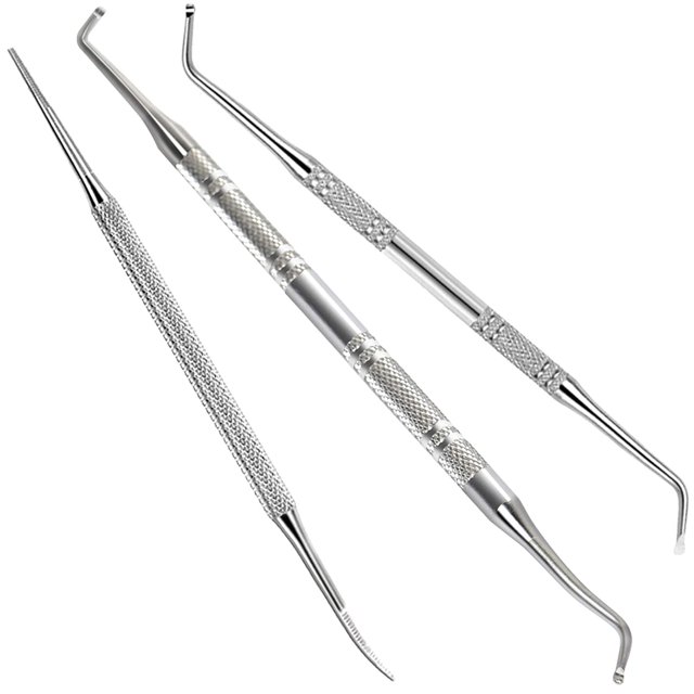 3pcs Ingrown toenail tool set by DAMAIE, featuring a toenail file and two lifters, including an angled and a straight lifter. Made of surgical-grade stainless steel with a non-slip grip for safe and effective nail treatment. Designed for removing ingrown toenails, cleaning under nails, and providing pain relief. The tools are shown in a close-up view, highlighting their textured handles and precision tips.