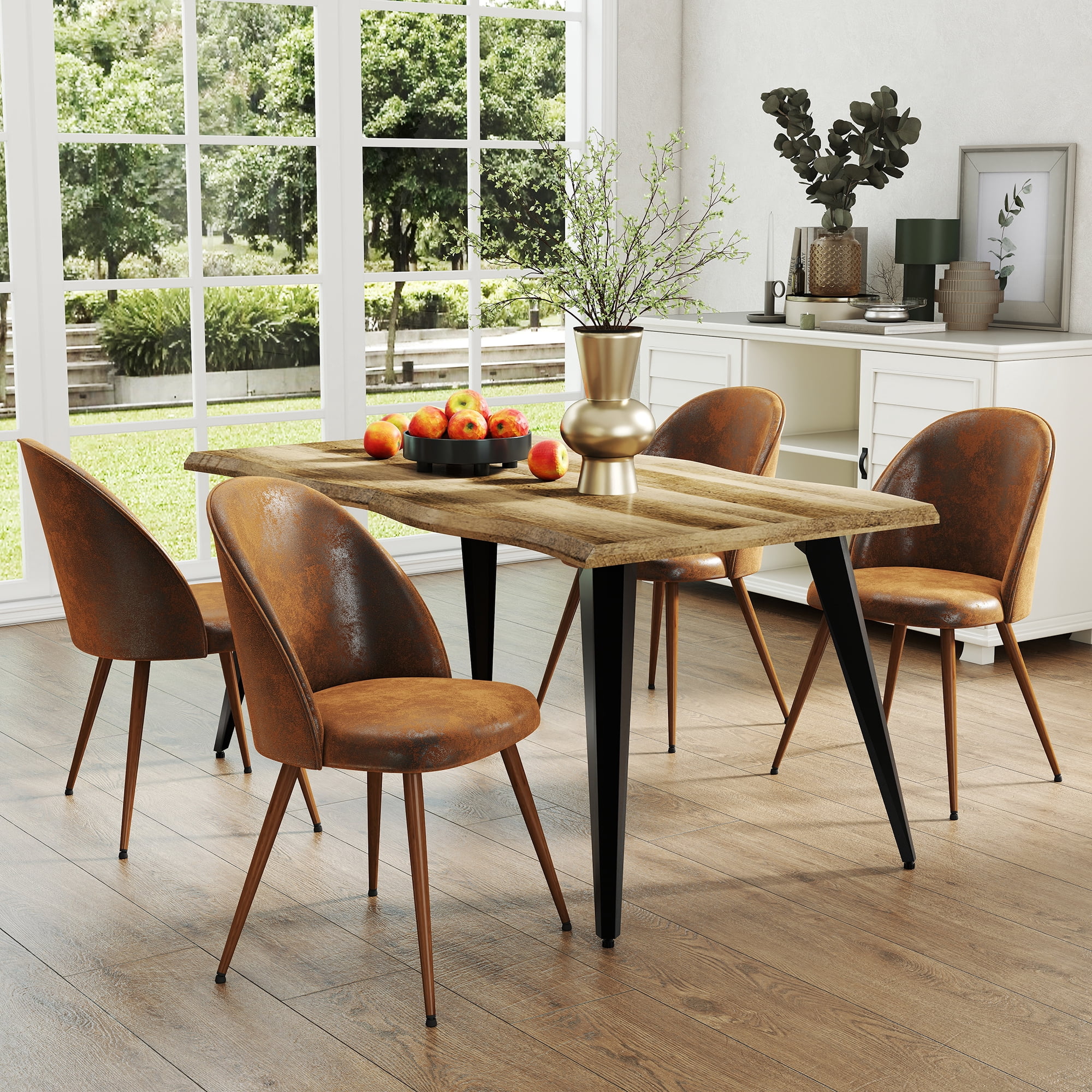 Homy Casa 5-Piece Dining Set, Walnut Wooden Kitchen Table with 4 Upholstered High-Back Brown Faux Suede Dining Chairs, Contemporary Live Edge Design