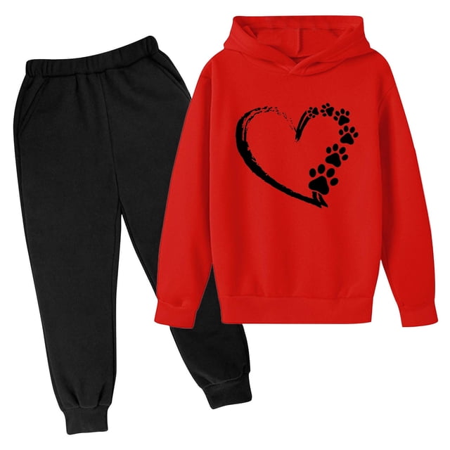 RXIRUCGD Mode Filles et Garçons Enfants Décontracté Manches Longues Imprimé Hauts Manches Longues Ensemble à Capuche (Rouge, Taille : 3 Ans)