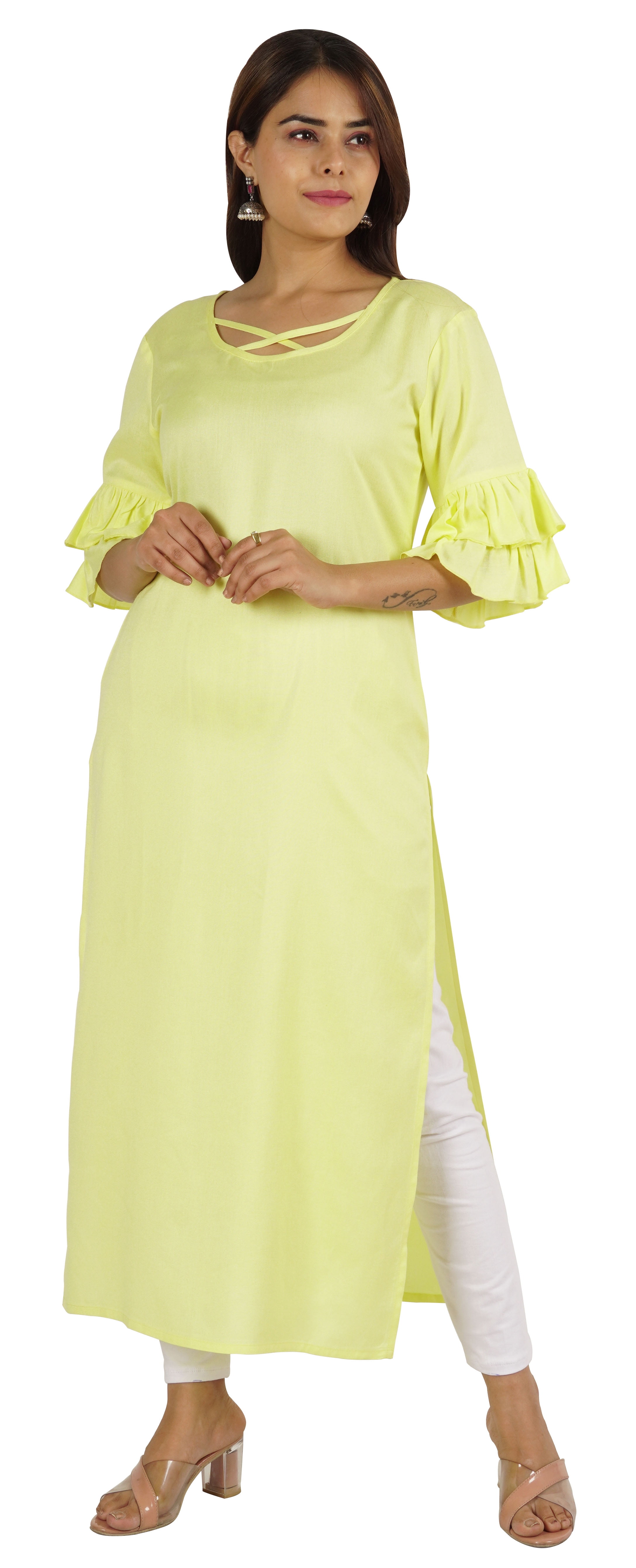 Moomaya Kurta en Rayonne Uni pour Femmes à Manches Évasées, Col à Cordon, Kurti Ethnique Long