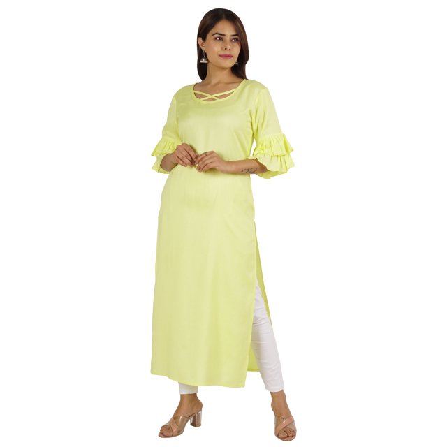 Moomaya Solid Rayon Kurta For Women bell Sleeve Drawstring Neck Long Ethnic Kurti