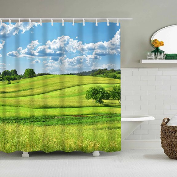 RXIRUCGD Blue Shower Curtain Blue Sky White Clouds Grassland Scenery Shower Curtains Polyester Fabric Decorative Bathroom Curtain