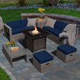 thumbnail image 2 of Patiojoy 9 Pieces Outdoor Patio Furniture Set with 32-Inch Propane Fire Pit Table Outdoor PE Wicker Space-Saving Sectional Sofa Set with Storage Box and Cushions Navy, 2 of 9
