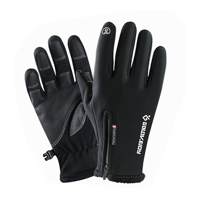 SUNSIOM Gants de Vélo d'Extérieur d'Hiver à Écran Tactile Chauds à Doigts Complets Gants de Cyclisme Noirs, en Microfibre durable et en Cuir. Ces Gants Offrent un Pouce, un index et des Doigts du Milieu Compatibles avec l'Écran Tactile pour Usage avec Téléphone Intelligent. la Paume en Cuir Rembourrée de Gel et Renforcée Offre un Soutien Antidérapant et Antichoc, Réduisant la fatigue des Mains. Conçus pour les Activités de Plein Air comme le Vélo, la Randonnée et l'Escalade, Ils Comprennent une Fermeture Éclair et un Détail en Tissu Éponge pour le Confort. Offerts en Plusieurs Tailles.