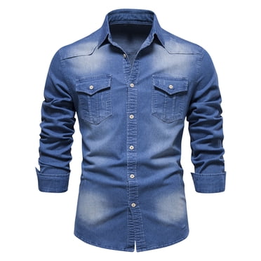 AherBiu Men's Long Sleeve Denim Shirts Button down Lapel Slim Fitted Jean Shirt Casual Retro Motorcycle Work Shirts