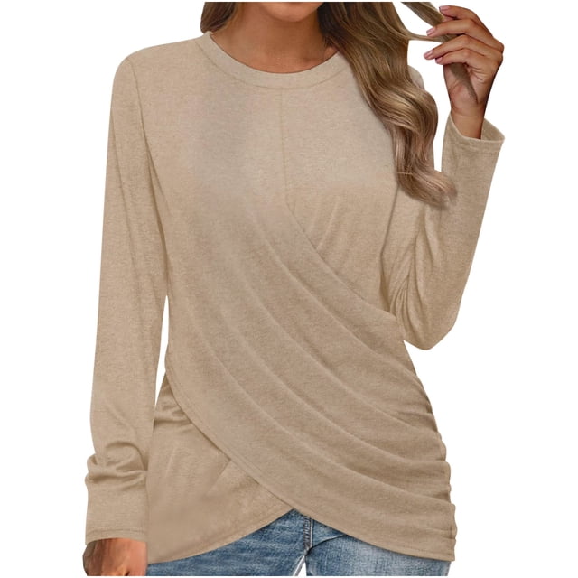 Besolor 2024 Chemise à Manches Longues pour Femmes, Tunique Décontractée de Printemps et d'Automne, Haut Croisé Froncé à l'Avant, Blouse à Col Ras du Cou, T-Shirts
