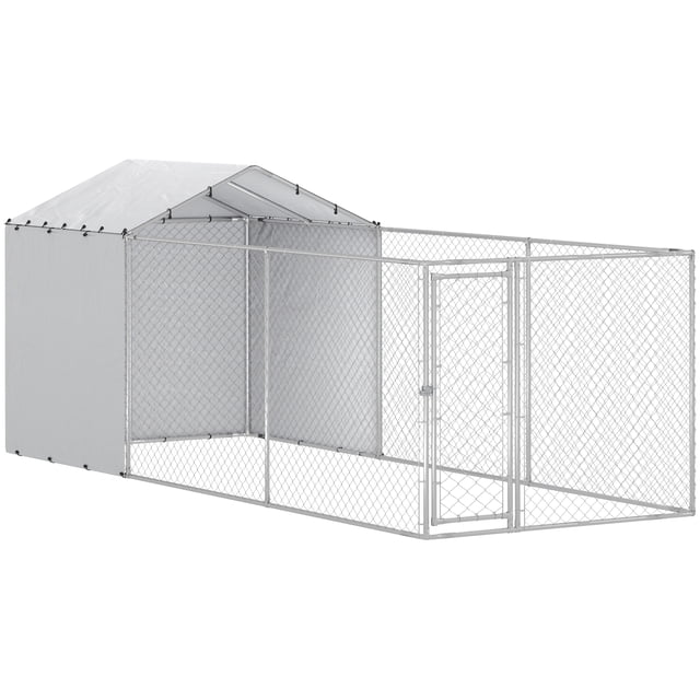 PawHut Outdoor Dog Kennel Dog Run with Cover, measuring 19.7' x 7.5' x 7.5'. This spacious kennel features a galvanized steel frame with a secure latch and a durable tarpaulin cover for weather protection. Designed for large dogs up to 66 lbs, it includes dual areas for rest and play. The silver kennel has a mesh grid design and an accessible door for easy cleaning and interaction.