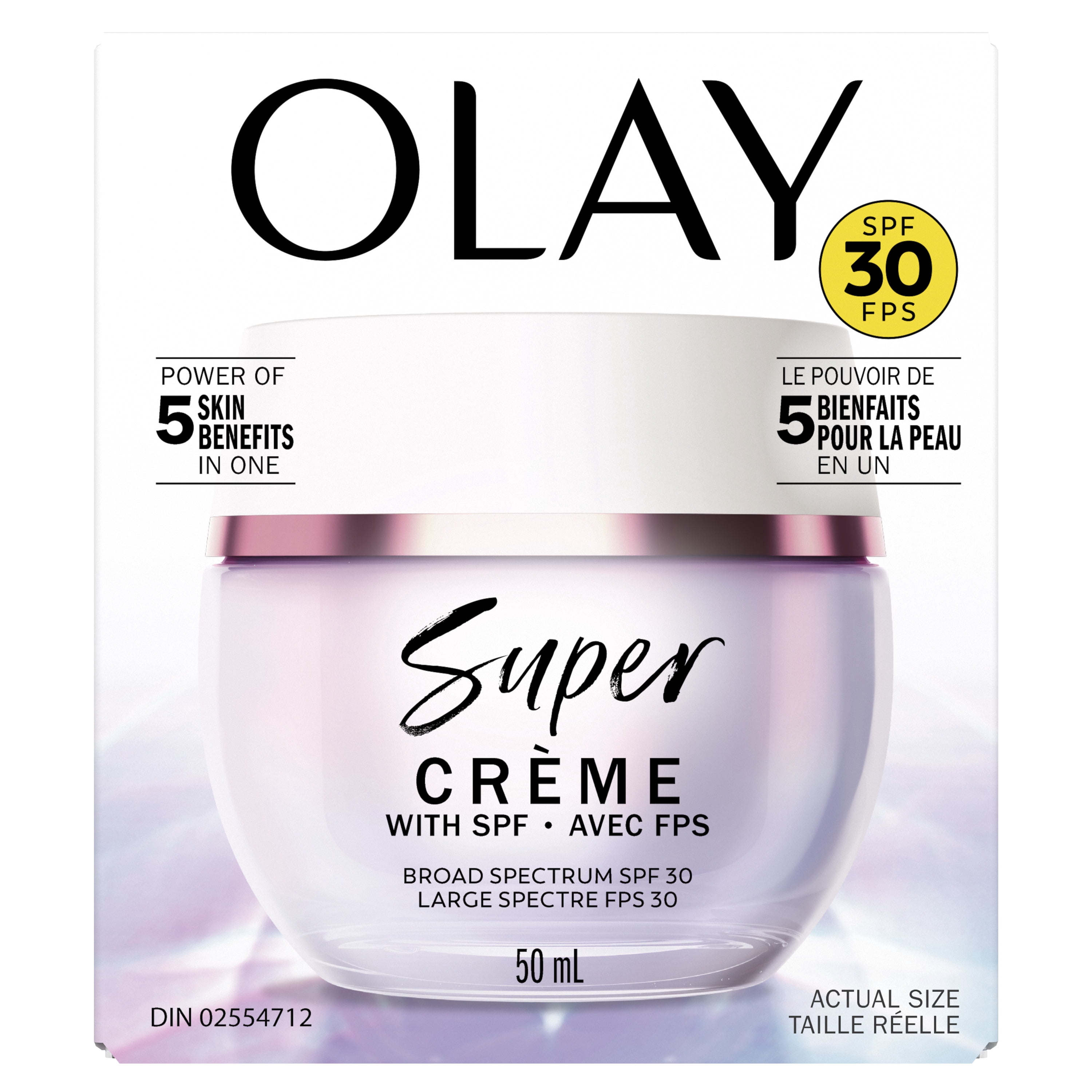 Super crème Olay avec écran solaire FPS 30, 50 mL (1,7 oz), hydratant ultraléger pour le visage qui hydrate, lisse, illumine, raffermit et protège avec FPS.